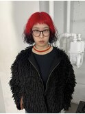 ボブカットハイトーンネオンレッドカラーエンドカラー裾カラー