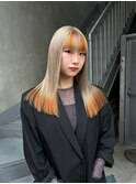 bibito オレンジカラー　ホワイトベージュ　毛先カラー　ロング