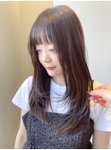 ぱっつん前髪 オン眉 レイヤーカット レイヤーロング ブラウン