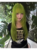 ライトグリー黄緑 ロングレイヤー レイヤーカット