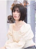 黒髪/アースカラー/小顔/前下がり/ぱっつんボブ/センター北