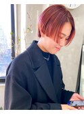 ぱっつんオレンジのハンサムショート 赤髪 オレンジカラー