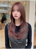 ロング　顔周りカット　ジグザグレイヤー　チェリーレッド