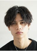 渋谷シャドウパーマメンズカットセンターパートウルフマッシュ