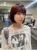 ブリーチなしレッド　ボブ　顎ラインボブ　ブリーチなしカラー