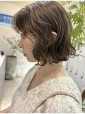 ミディアムパーマデジタルパーマボブパーマチェリーブラウン前髪