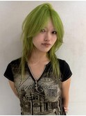 レイヤーカット/ウルフカット/ライムグリーンカラー