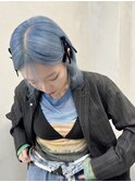 ブルーカラーペールブルーリボンアレンジタイトヘア名古屋美容院