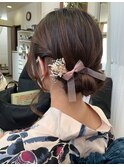 夏祭り浴衣着付け シニョンまとめ髪