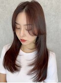 ブリーチなしチョコレート色×前髪/顔周りレイヤー韓国ヘア[新宿