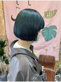 ケアブリーチモスグリーン前下がりボブ韓国ヘアヘイリーボブ