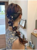 ハイライトカラーねじり編み×フラワーアレンジ