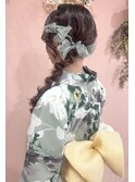 夏祭り　花火大会　浴衣ヘアアレンジ　サイド編みおろし　リボン