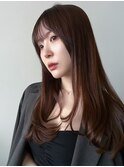 ロングレイヤー/斜めバング×フェイスレイヤー/透明感ブラウン