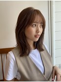 大人かわいいくびれミディアム/ピンクベージュ/シースルー前髪