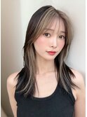 フェイスフレーミング前髪ありミルクティベージュロングレイヤー