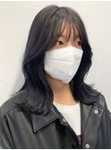 〇韓国 くびれヘア ブルーブラック シースルーバング