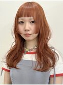 オレンジカラー/姫カット/ロングレイヤー/ぱっつん前髪
