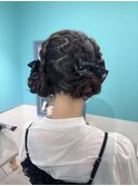 ツインおだんご 編み込み ブラウンカラー