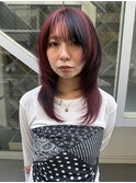 顔まわりカット顔まわりレイヤーカット暖色カラーチェリーレッド