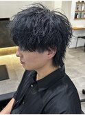 メンズマッシュウルフブルーブラックブリーチカラーウルフ