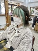 顔まわりデザインカラー/淡いグリーン/切りっぱなしボブ W0507