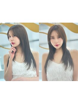 華やかさの出る前髪カットや顔周りレイヤーカット*縮毛矯正で伸ばしかけのヘアもお洒落にキープ♪[梅田]