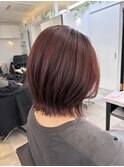 ハイライトレッドカラーワインレッドくびれヘアレイヤーボブ