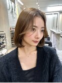 小顔ブリーチなし黒髪ネビージュワンレンローレイヤーボブルフ