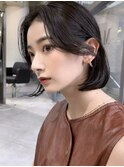 ＋切りっぱなしボブルフ／黒髪ネビージュ/小顔ワンレン縮毛矯正