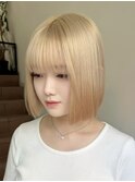 ミルクティーベージュウルフレイヤーボブ韓国風ヘアハイトーン