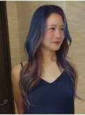 ロングレイヤー韓国くびれヘアブリーチデザインブルー×ピンク