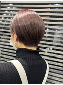 ピンクベージュ髪質改善ショコラピンク大人ショートボブうるツヤ
