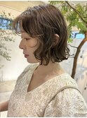 ミディアムパーマデジタルパーマボブパーマチェリーブラウン前髪