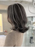 白髪ぼかしハイライト/船橋/くすみベージュ/細めハイライト