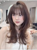 斜めバングハイライトカラー前髪セミディ美髪うるツヤ艶感