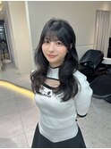 ★丸型逆三角ホワイトグレージュデジタルパーマチェリーブラウン