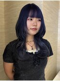 ロングレイヤー韓国くびれヘアブリーチネイビー