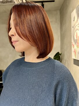 ブルックス ハイライト 切りっぱなしボブ ピンクブラウン 髪質改善 丸型