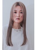 ワンレングスロング前髪なし顔周りレイヤーブリーチ透明感カラー
