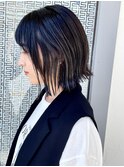 大人可愛い大人美人ボブ外ハネバブブルーブラック