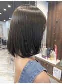 ロングショートワンカールパーマカーキグレージュ前髪錦糸町