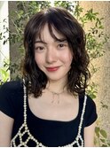 小顔ミディアムパーマボブルフワンレンネビージュボブパーマ黒髪