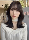 韓国風くびれヘア前髪ピンクベージュインナーグレージュ