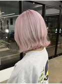 ホワイトピンク10代20代ミディアムボブハイトーン韓国ツヤカラー
