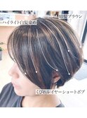 フェイスレイヤー丸みショートボブブラウンハイライト白髪染め