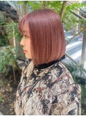 アッシュピンクカラー　丸みボブ　透明感カラー　ダメージレス