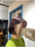 小顔ショートボブモカブラウンxインナーカラープラチナブロンド