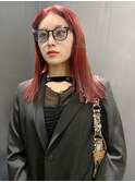 レッドオレンジ　センターパート　切りっぱなしミディアム　艶髪