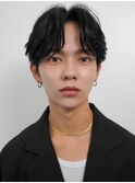韓国マッシュカルマパーマコンマバングセンターパート黒髪ウルフ